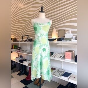 Vintage Y2K Express green starburst bias cut asymmetrical midi dress 1/2